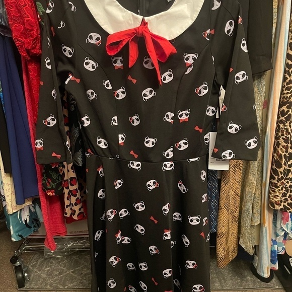Unique Vintage NWT Black & Panda Print Wednesday Flare Dress - Size Large - Picture 6 of 8